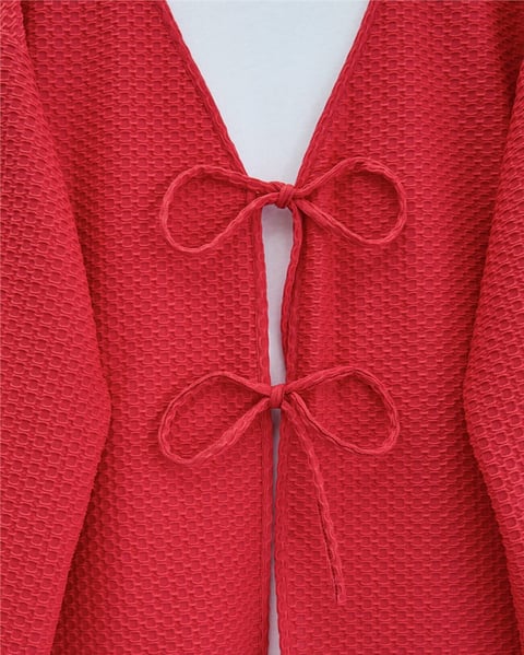 Önü Çift Bağcıklı Petek Desen Kimono -Kırmızı-Kimono&Kaftan-307-2373-R33