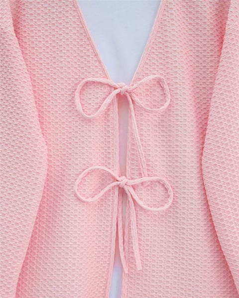 Önü Çift Bağcıklı Petek Desen Kimono -Pembe-KİMONO&KAFTAN-307-2373-R20