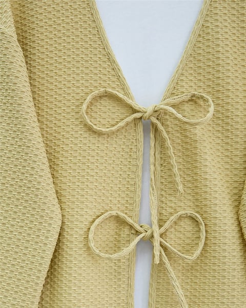 Önü Çift Bağcıklı Petek Desen Kimono -Yağ Yeşili-Kimono&Kaftan-307-2373-R72