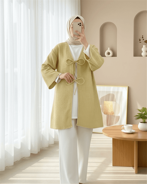 Önü Çift Bağcıklı Petek Desen Kimono -Yağ Yeşili-Kimono&Kaftan-307-2373-R72
