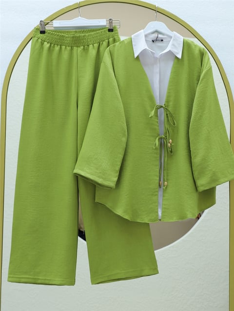 Önü Çift Bağlamalı Pantolonlu Kimono Takım -Yağ Yeşili-Takım-223-3007-R72