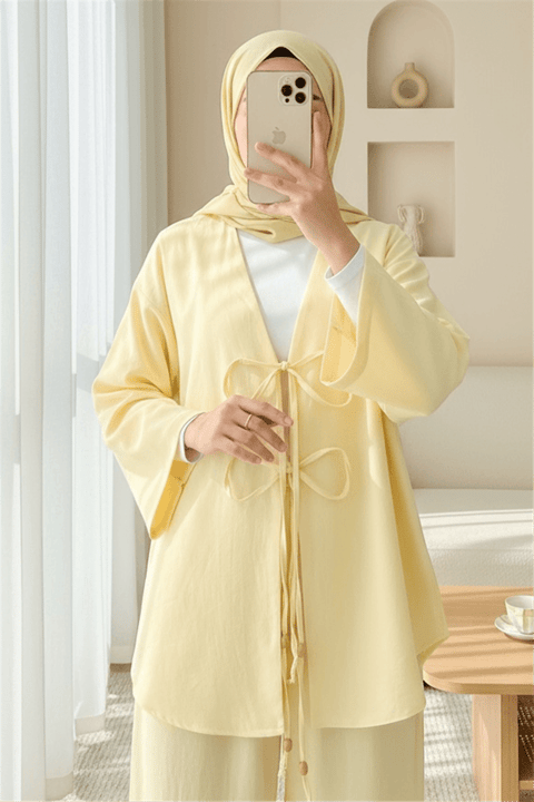 Önü Çift Bağlamalı Pantolonlu Kimono Takım       -Açık Sarı-Takım-223-3007-R75