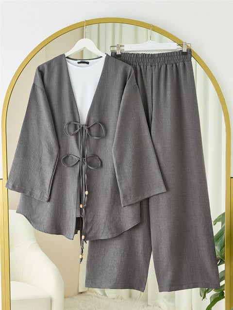 Önü Çift Bağlamalı Pantolonlu Kimono Takım       -Antrasit-Takım-223-3007-R64
