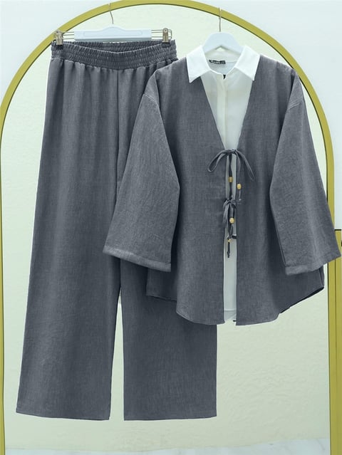 Takım-Önü Çift Bağlamalı Pantolonlu Kimono Takım    -Füme-223-3007-R18