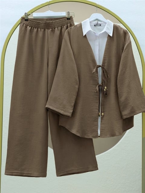 Önü Çift Bağlamalı Pantolonlu Kimono Takım      -Açık Kahve-Takım-223-3007-R76