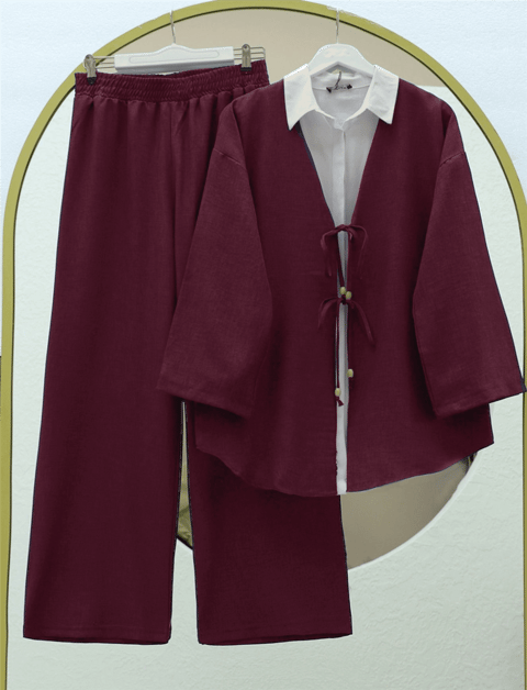 Önü Çift Bağlamalı Pantolonlu Kimono Takım     -Bordo-Takım-223-3007-R04