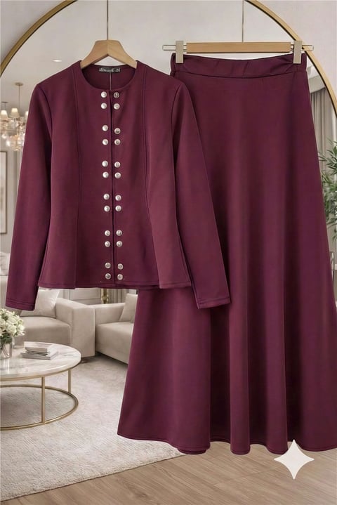 Önü Çift Çıtçıtlı Beli Volanlı Etekli Scuba Takım -Bordo-Takım-437-10835-R04