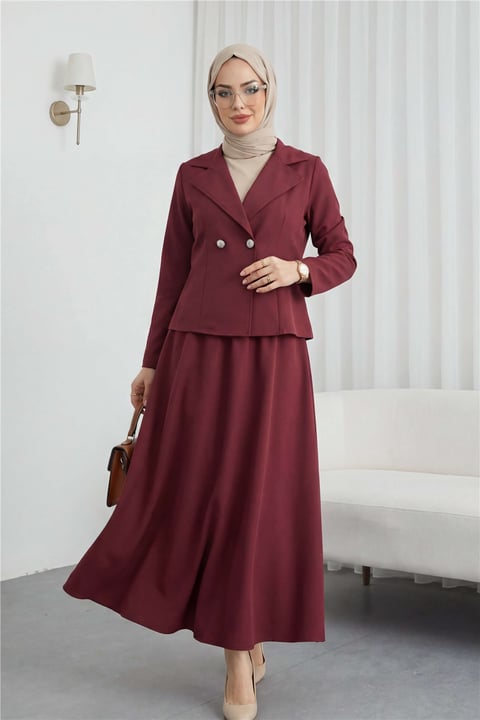 Önü Çift Düğmeli Kruvaze Yaka Ceket Etek Double Krep Takım   -Bordo-Takım-349-8049-R04