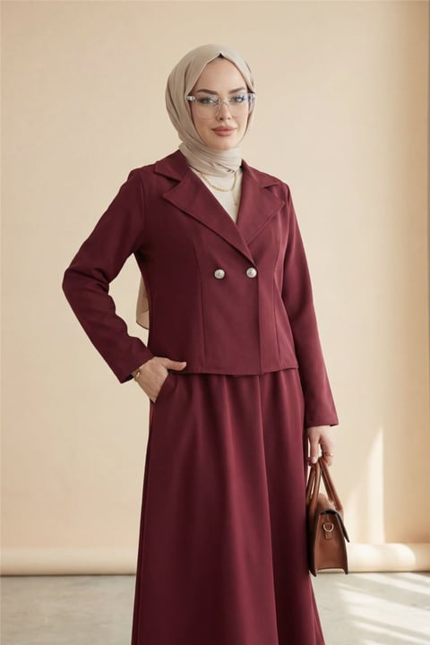 Önü Çift Düğmeli Kruvaze Yaka Ceket Etek Double Krep Takım   -Bordo-Takım-349-8049-R04