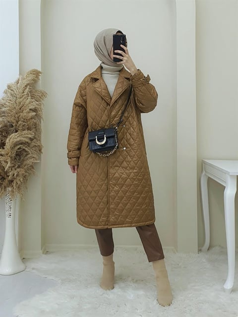 Önü Çıtçıtlı Kolları Kemerli Tesettür Kaban -Taba