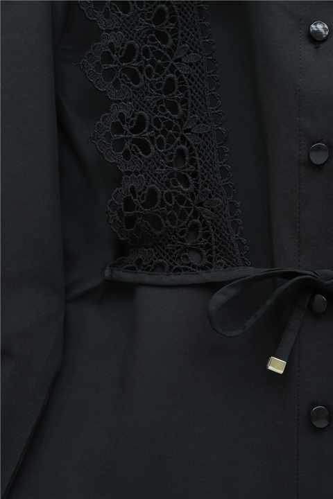 Önü Dantelli Bağlama Detaylı Düğmeli Poplin Gömlek -Siyah-Gömlek-398-11062-R01