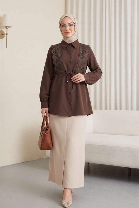 Önü Dantelli Bağlama Detaylı Düğmeli Poplin Gömlek -Kahve-Gömlek-398-11062-R15