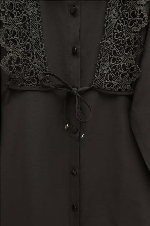 Önü Dantelli Bağlama Detaylı Düğmeli Poplin Gömlek -Kahve-Gömlek-398-11062-R15
