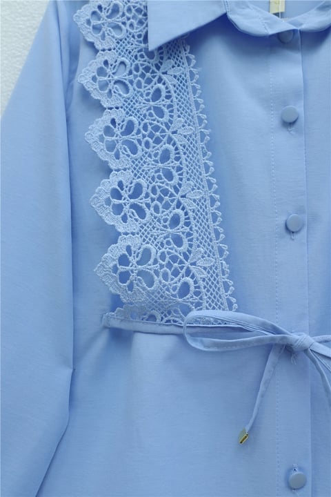 Önü Dantelli Bağlama Detaylı Düğmeli Poplin Gömlek -Bebe Mavi-Gömlek-398-11062-R32