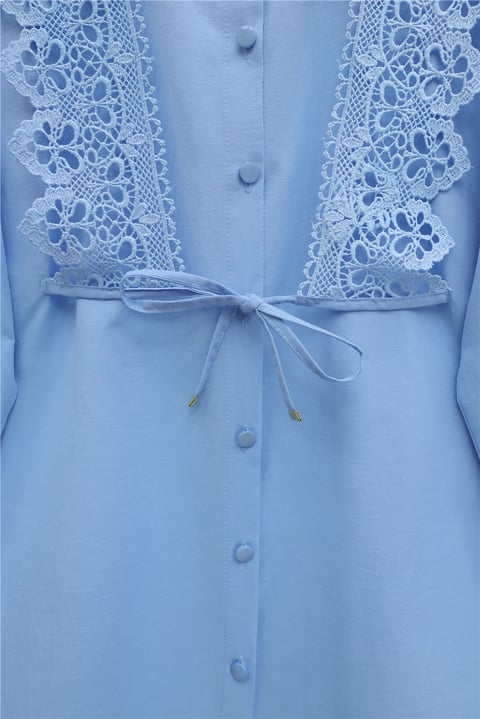 Önü Dantelli Bağlama Detaylı Düğmeli Poplin Gömlek -Bebe Mavi-Gömlek-398-11062-R32