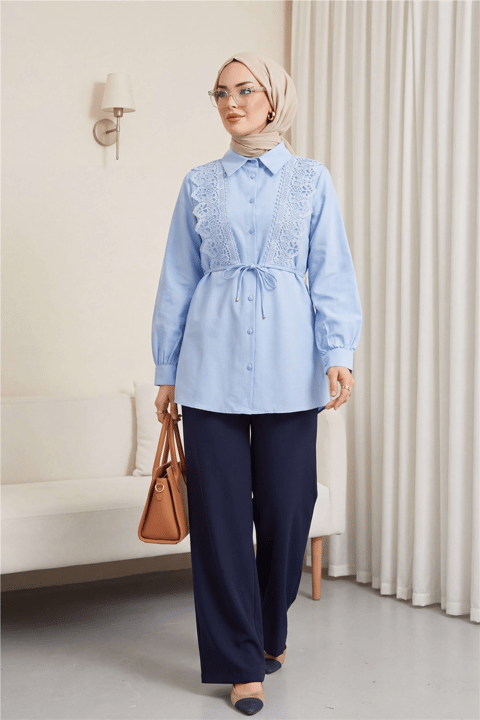 Önü Dantelli Bağlama Detaylı Düğmeli Poplin Gömlek -Bebe Mavi-Gömlek-398-11062-R32