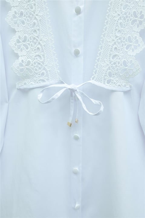 Önü Dantelli Bağlama Detaylı Düğmeli Poplin Gömlek -Beyaz-Gömlek-398-11062-R02