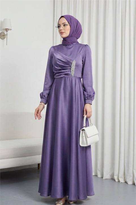 Önü Drapeli Taş Detaylı Saten Elbise -Lila-Elbise-386-6261-R42
