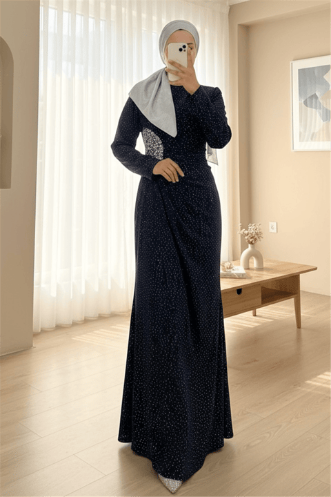 Önü Drapeli Taşlı Uzun Abiye -Laci-Abiye-316-4766-R03