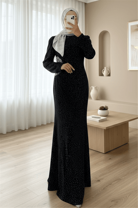 Önü Drapeli Taşlı Uzun Abiye -Siyah-Abiye-316-4766-R01