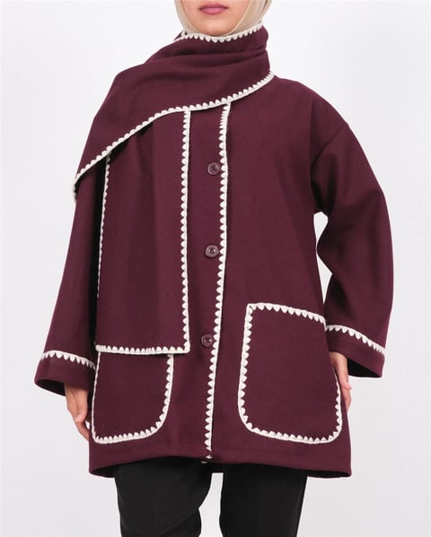 Önü Düğmeli Atkılı Cepli Ceket  -Bordo-Hırka-111-50712-R04