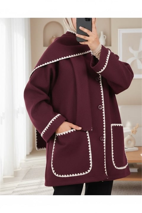 Önü Düğmeli Atkılı Cepli Ceket  -Bordo-Hırka-111-50712-R04