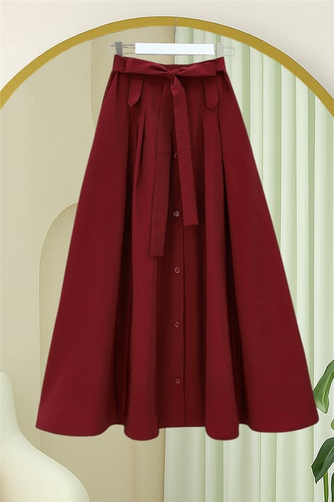 Önü Düğmeli Bağcıklı Paraşüt Etek -Bordo-Etek-346-3085-R04