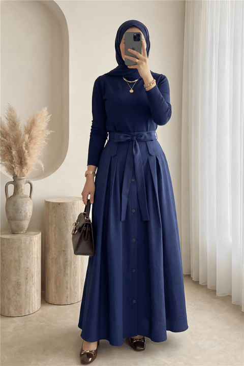 Önü Düğmeli Bağcıklı Paraşüt Etek -Laci-Etek-346-3085-R03