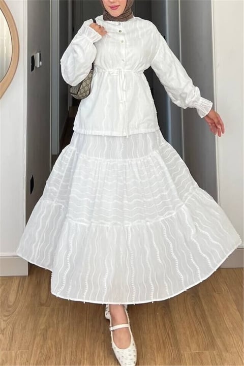 Önü Düğmeli Beli Bağcıklı Kolu Lastikli Etekli Dantelli Takım -Beyaz-Takım-144-3019-R02