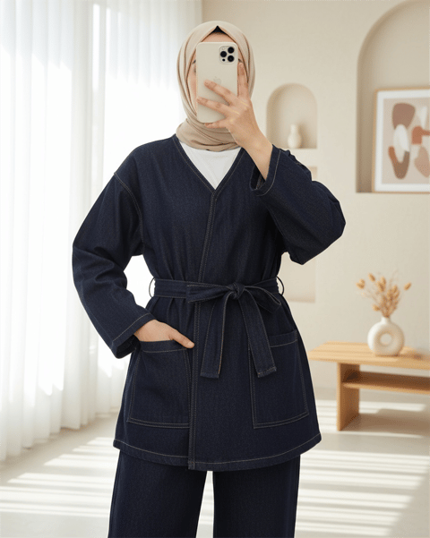 Önü Düğmeli Çİft Cepli Kuşaklı Kot Takım  -K.Laci-Takım-197-10070-R62