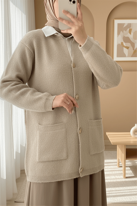 Önü Düğmeli Çift Cepli Yumoş Triko Hırka -Taş-Hırka-295-1294-R43