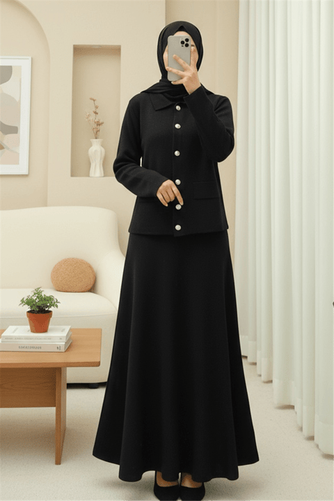 Önü Düğmeli Etekli Yakalı Triko Takım -Siyah-Takım-295-1283-R01