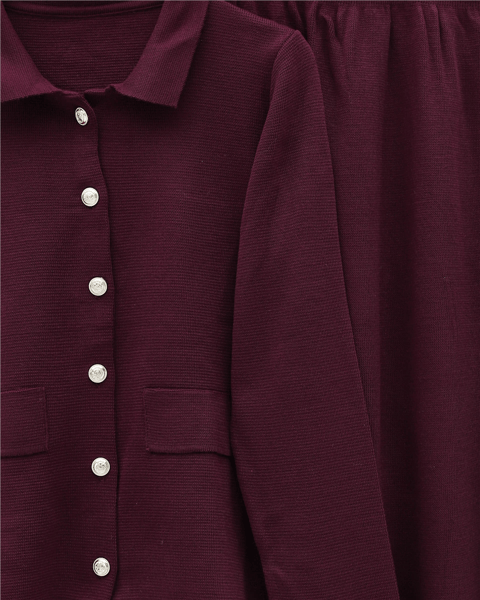 Önü Düğmeli Etekli Yakalı Triko Takım -Bordo-Takım-295-1283-R04