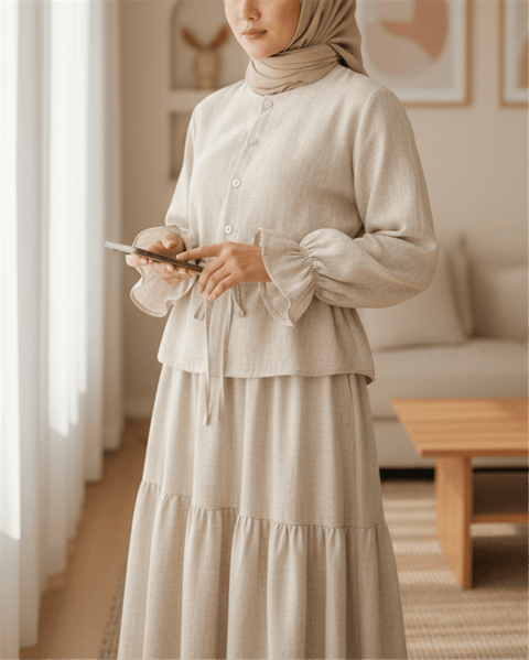 Önü Düğmeli Kolu Lastikli Tünel Bağcıklı Keten Takım  -Bej-Takım-349-7032-R56