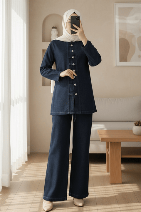 Önü Düğmeli Pantolonlu Kot Takım -Laci-Takım-417-17271-R03