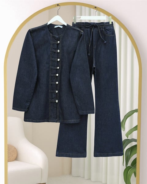 Önü Düğmeli Pantolonlu Kot Takım -Laci-Takım-417-17271-R03