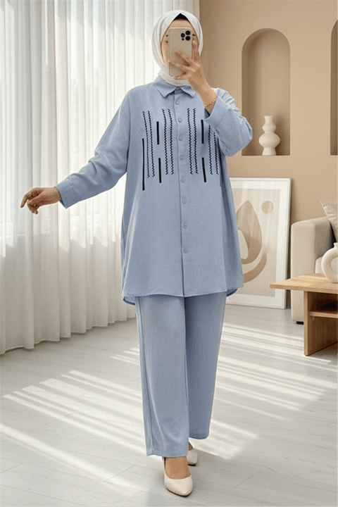 Önü Düğmeli Pul Payetli Pantolonlu Takım  -Bebe Mavi-Takım-138-6720-R32