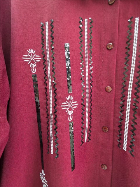 Önü Düğmeli Pul Payetli Pantolonlu Takım  -Bordo-Takım-138-6720-R04