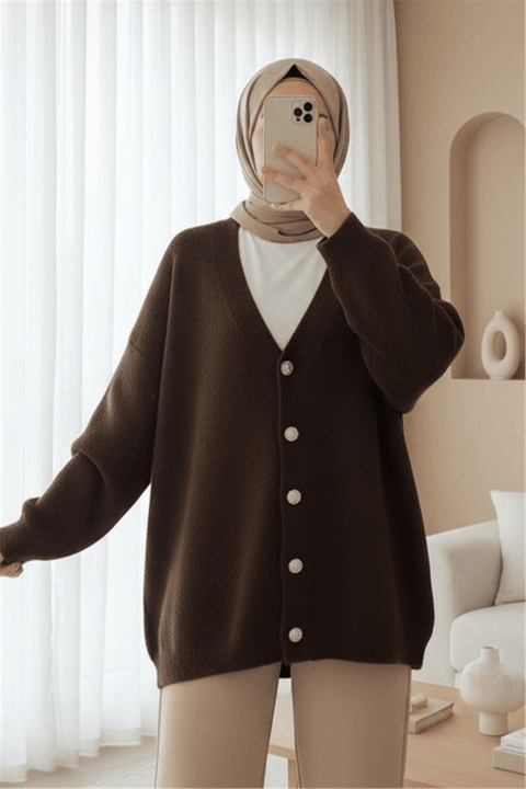 Önü Düğmeli Sakallı Salaş Triko Hırka   -Kahve-Hırka-109-9756-R15