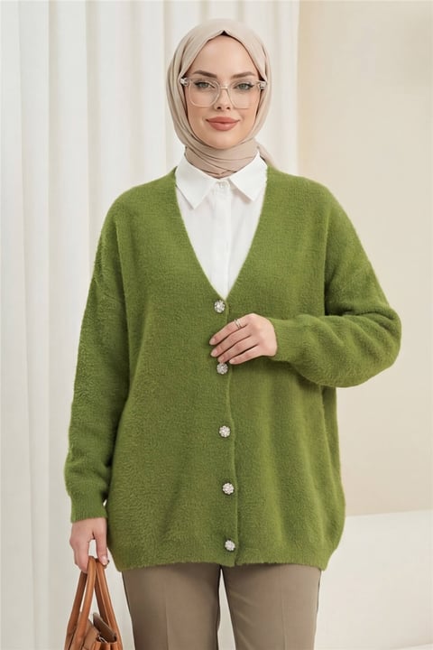 Önü Düğmeli Sakallı Salaş Triko Hırka    -Haki-Hırka-109-9756-R05