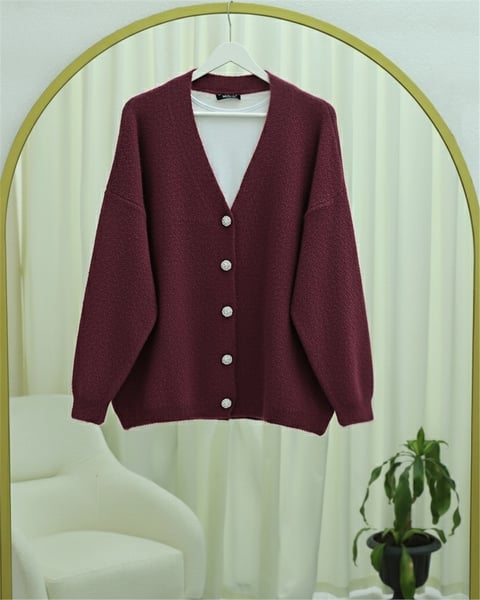 Hırka-Önü Düğmeli Sakallı Salaş Triko Hırka   -Bordo-109-9756-R04