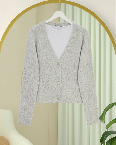 Önü Düğmeli Yumoş Triko Hırka -Açık Gri-Hırka-385-3748-R41