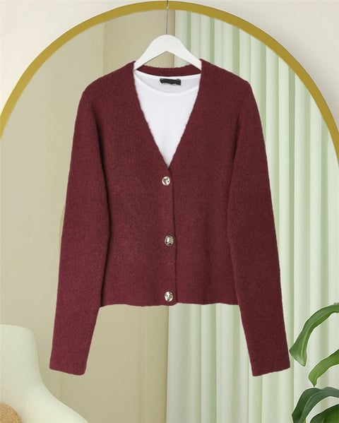 Önü Düğmeli Yumoş Triko Hırka -Bordo-Hırka-385-3748-R04