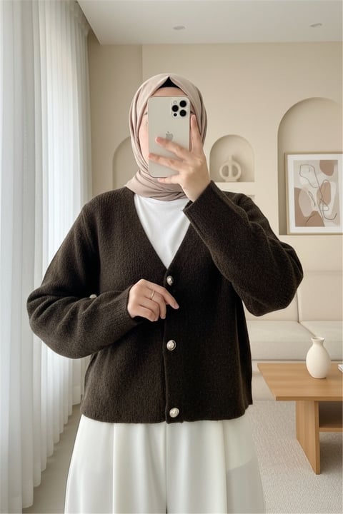 Önü Düğmeli Yumoş Triko Hırka -K. Kahve-Hırka-385-3748-R54