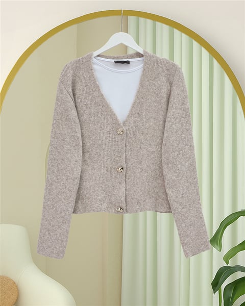 Önü Düğmeli Yumoş Triko Hırka -Taş-Hırka-385-3748-R43