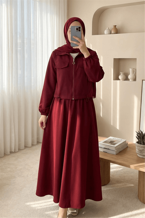 Önü Fermuarlı Beli Ve Kolu Lastikli Cep Detaylı Dabıl İkili Takım -Bordo-Takım-349-7077-R04