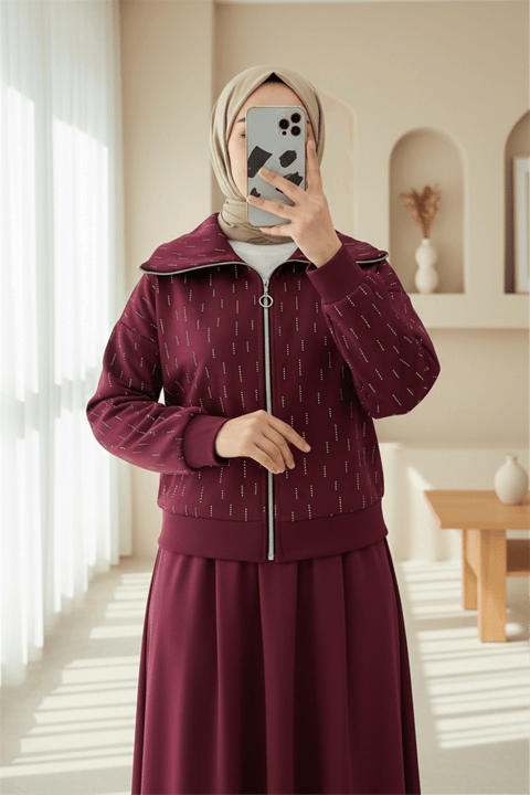 Önü Fermuarlı Boğazlı Taş Detaylı Scuba Takım  -Bordo-Takım-349-7099-R04