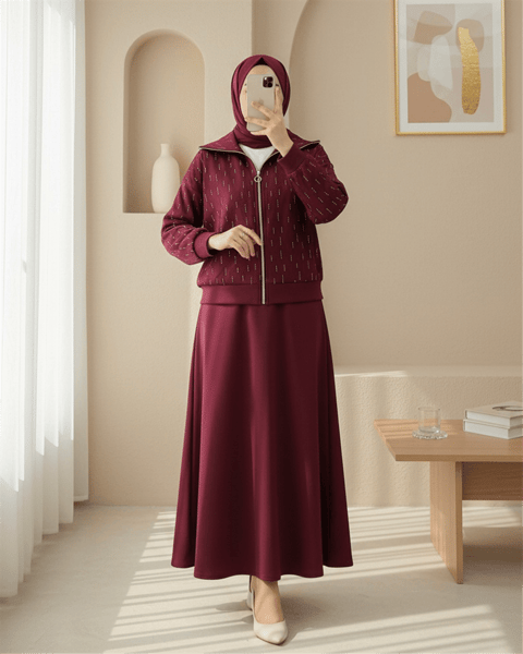 Önü Fermuarlı Boğazlı Taş Detaylı Scuba Takım  -Bordo-Takım-349-7099-R04