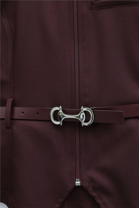 Önü Fermuarlı Cep Detaylı Beli Kemerli Etekli Diagonal Takım -Bordo-Takım-253-13170-R04