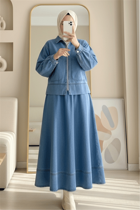 Önü Fermuarlı Çift Cepli Etekli Kot Takım -Buz Mavi-Takım-349-202503-R37